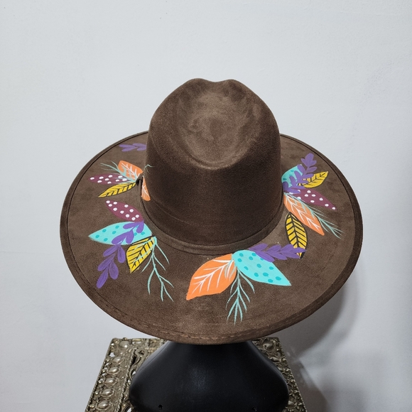 Hand Painted Brown Suede Sun Hat - Picture 4 of 5
